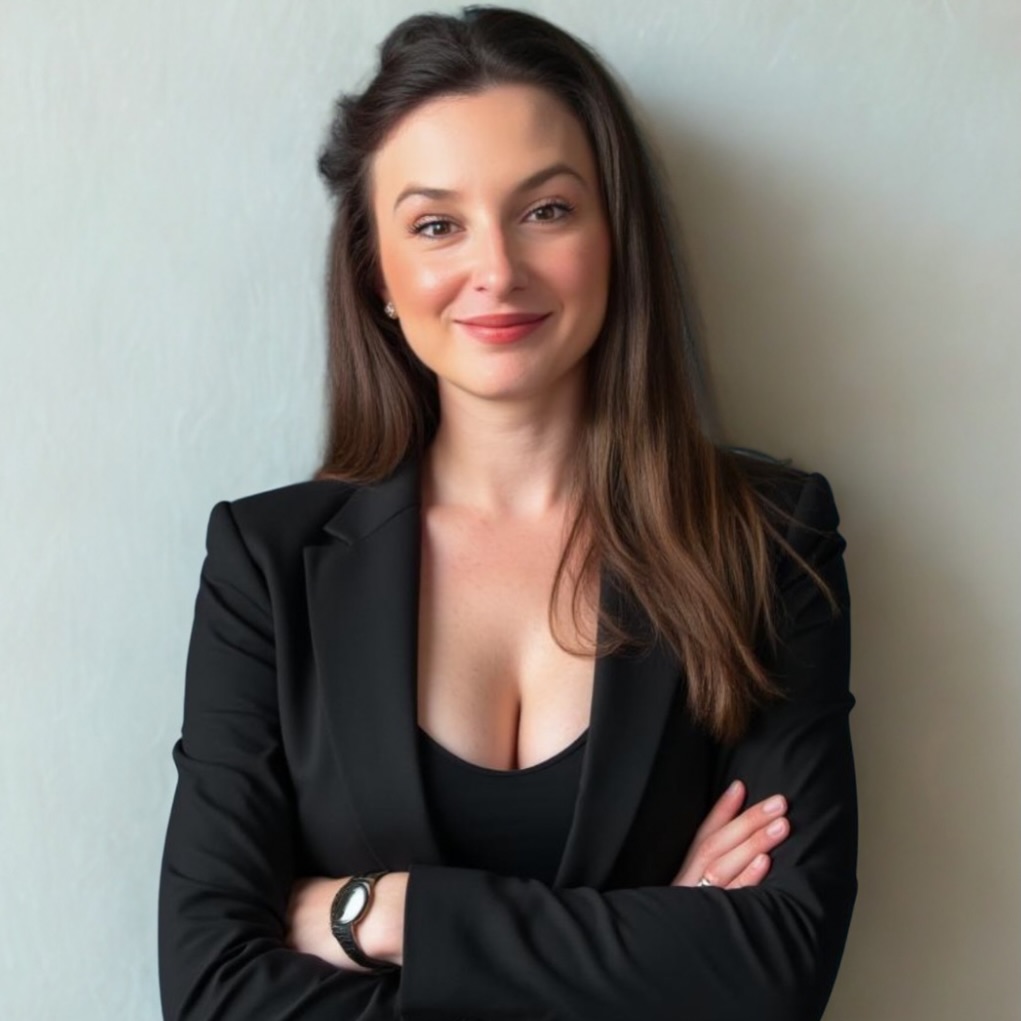 Marina Trevizan, nutricionista esportiva, sorrindo com os braços cruzados